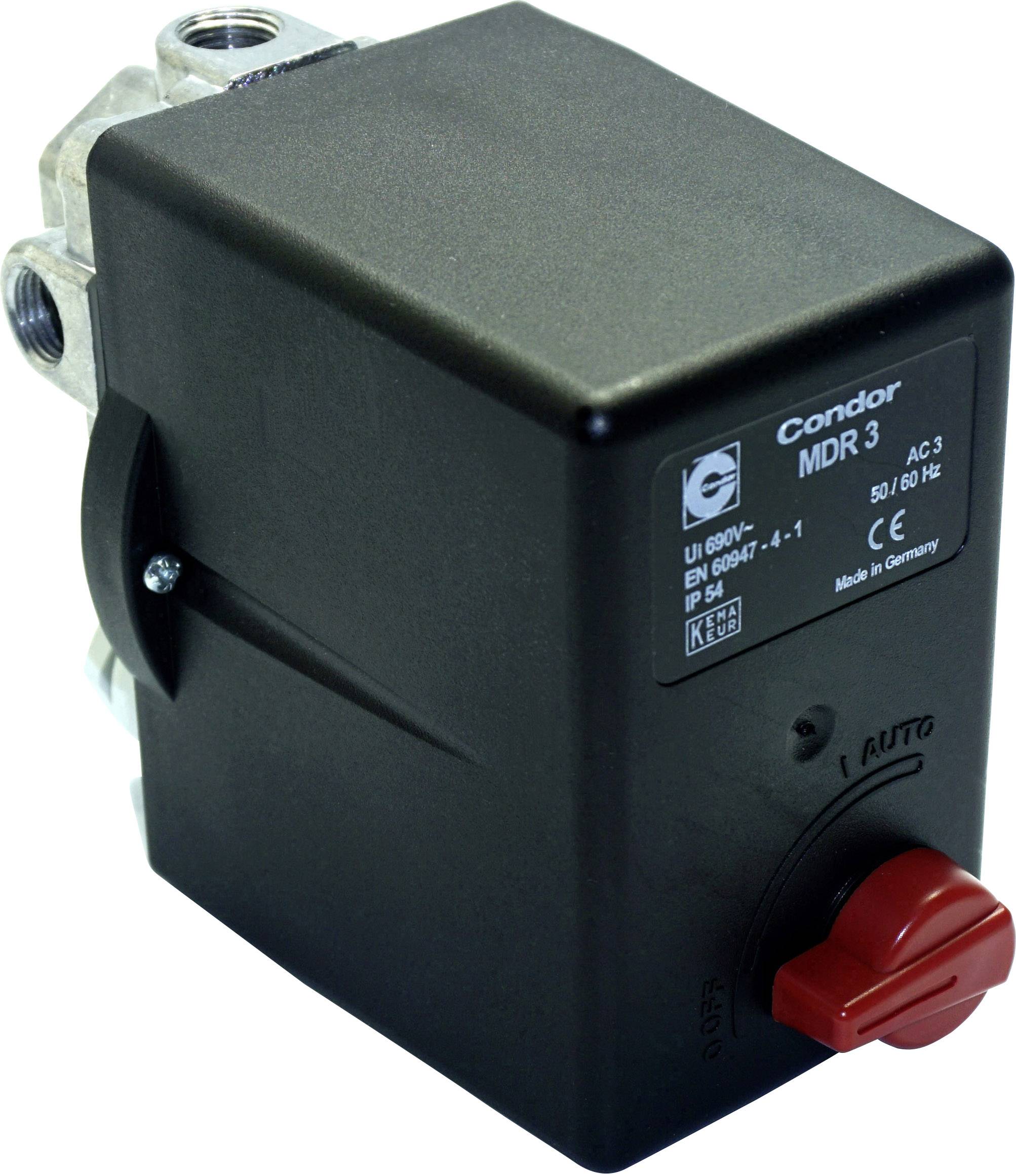 Ein schwarzer Druckschalter mit rotem Drehknopf, markiert mit 'Condor MDR 3'. Enthält technische Spezifikationen auf der Vorderseite.