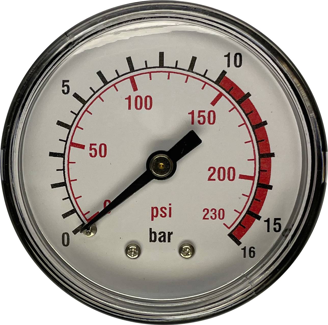 Manometer mit Rundinstrument zeigt Druck nahe Null an, mit doppelten Skalen beschriftet mit psi und bar.