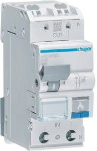 Ein grauer elektronischer Schutzschalter mit blauen Markierungen, zwei Anschlusspunkten, und blauer T-Kennzeichnung unten.
