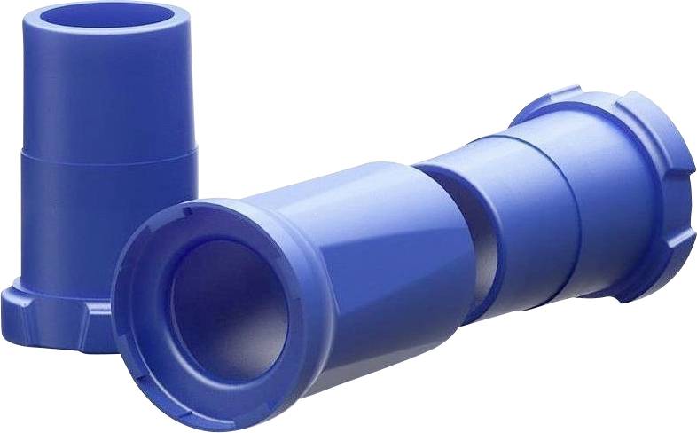 Zwei blaue Plastikteile, eines stehend und das andere liegend. Sie haben zylindrische Formen und könnten Verbindungsteile sein.