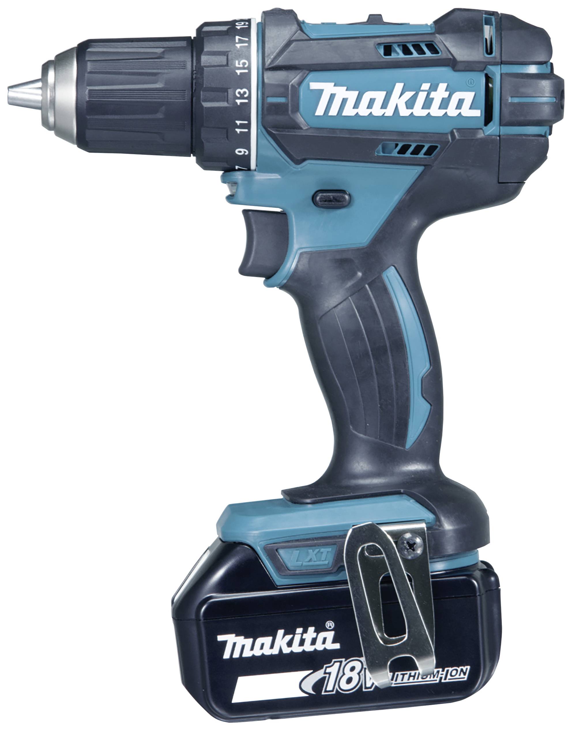 Ein schnurloser Bohrschrauber von Makita mit 18V Lithium-Ionen-Batterie, schwarzem und blauem Gehäuse, geeignet für Heim- und Profieinsätze.