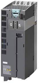 Graues Industrieschaltgerät mit Lüftungsschlitzen und blauen Anschlussklemmen oben, für industrielle Steuerungsanwendungen geeignet.