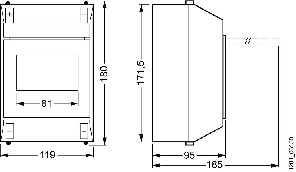 Technische Zeichnung eines rechteckigen Bauteils mit Maßen: Breite 119, Höhe 180, Tiefe 95 mm. Enthält Aussparungen und Anschlüsse.