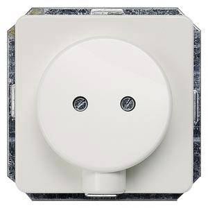 Weiße Steckdose mit zwei Schrauben sichtbar. Rechteckiger Rahmen.