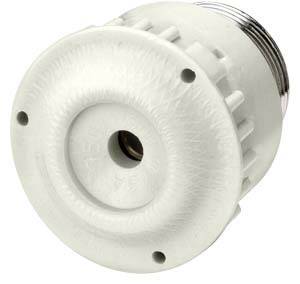 Ein weißes Kunststoffteil mit runder Form, geripptem Rand und zentraler Öffnung.