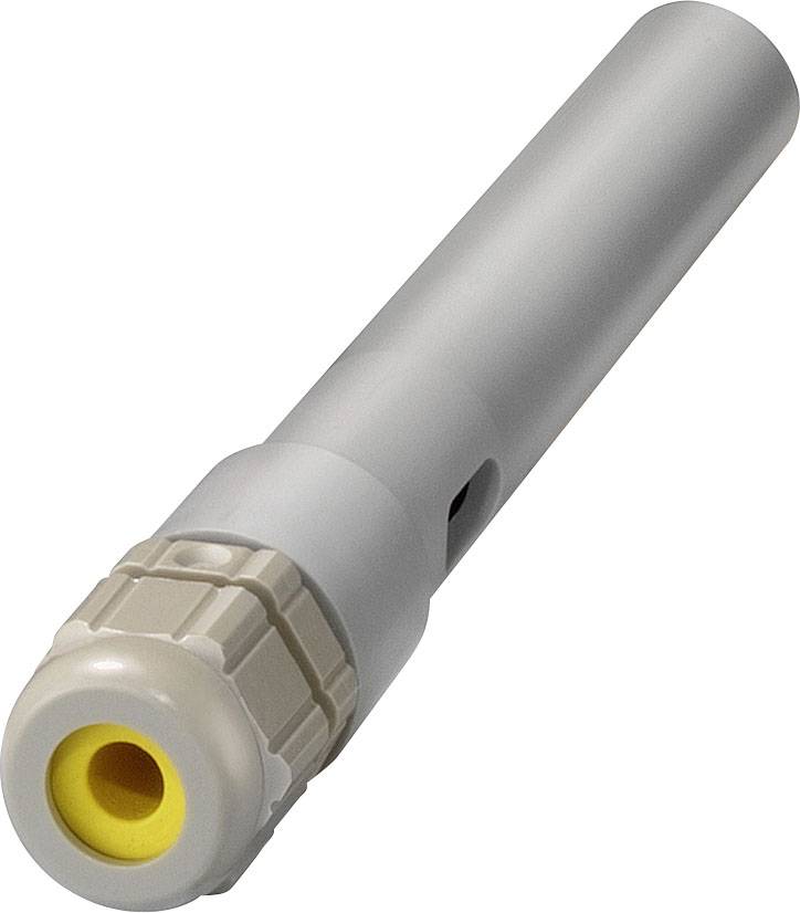 Ein grauer zylindrischer Steckverbinder mit gelbem Innenring und geripptem Anschlussende, verwendet in Verbindungstechnik.