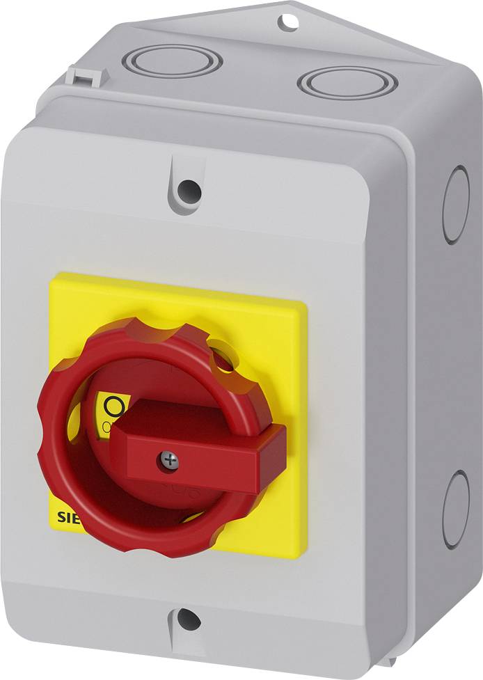 Grauer Hauptschalterkasten mit rotem Drehgriff auf gelbem Hintergrund, für elektrische Sicherheitsabschaltung vorgesehen.