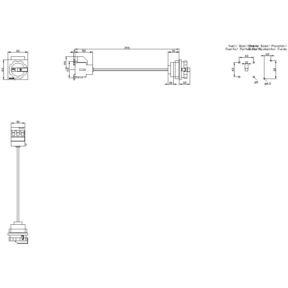 Technische Zeichnung eines Türsensors mit Montageanleitung. Dimensionen und Anschlüsse sind detailliert dargestellt.