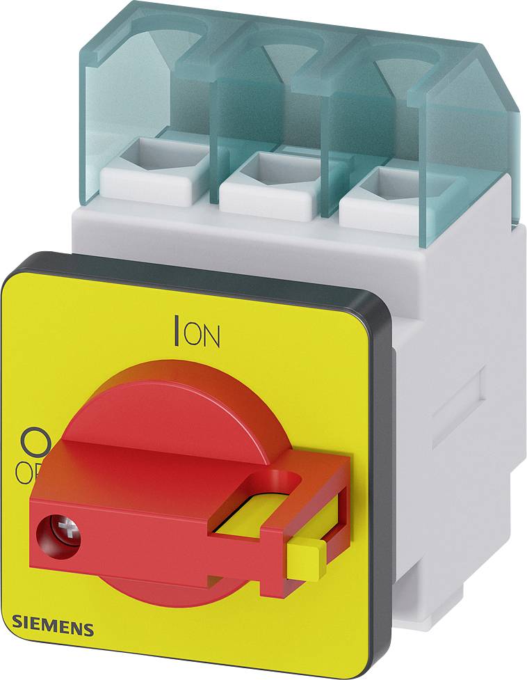 Ein roter Hauptschalter mit gelber Basis, markiert mit 'I' für ein und 'O' für aus, zeigt den Zustand an. Oben blau abgedeckt.