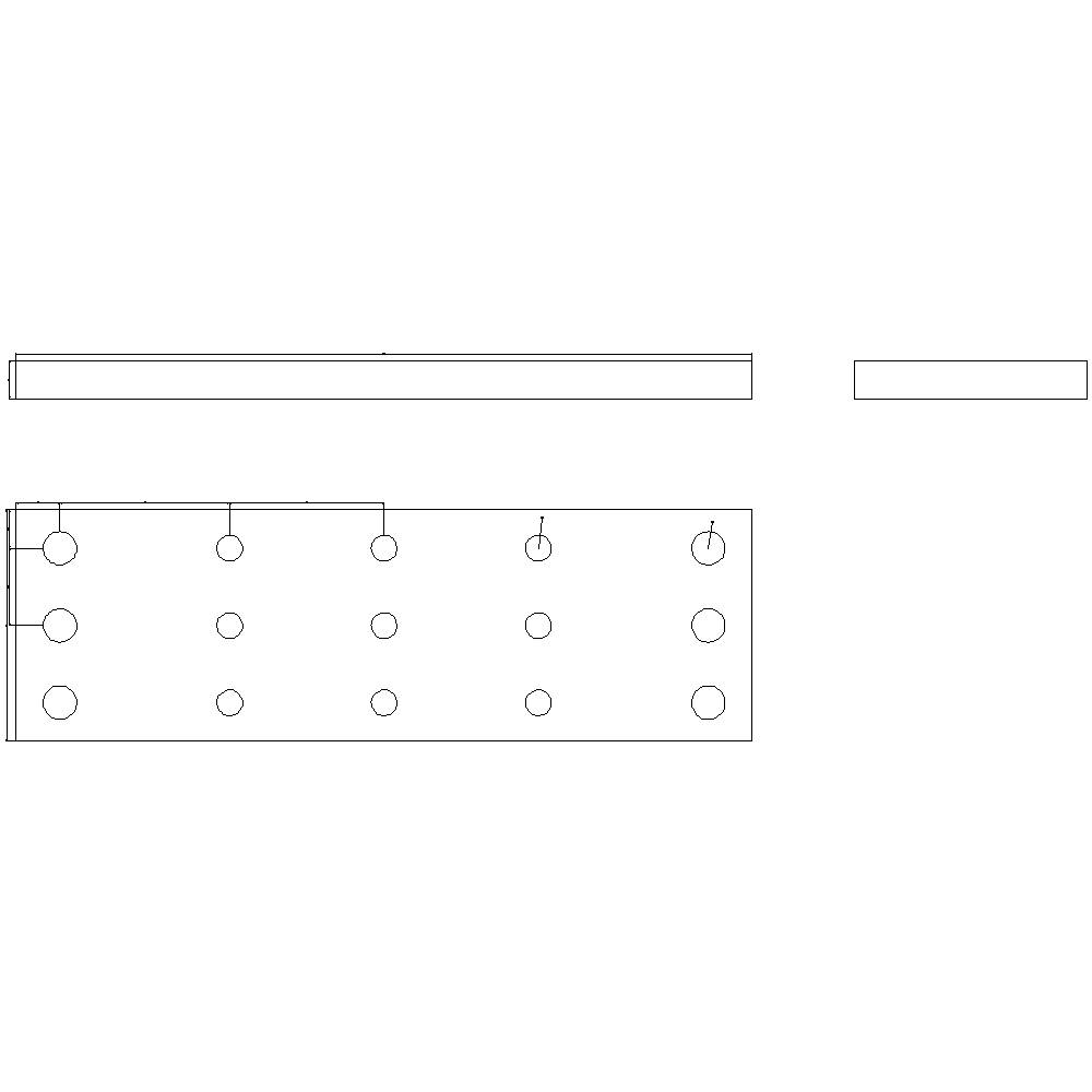 Maßzeichnung mit zwei Ansichten eines rechteckigen Objekts mit symmetrisch platzierten Kreisen und Maßlinien.