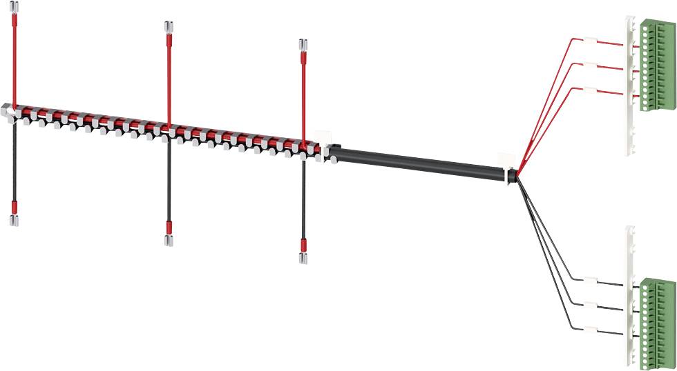 Verdrahtungsschema: Mehrere Kabel verbinden Klemmenstreifen links mit zwei Klemmenleisten rechts. Rot und schwarz sind die Hauptkabel.