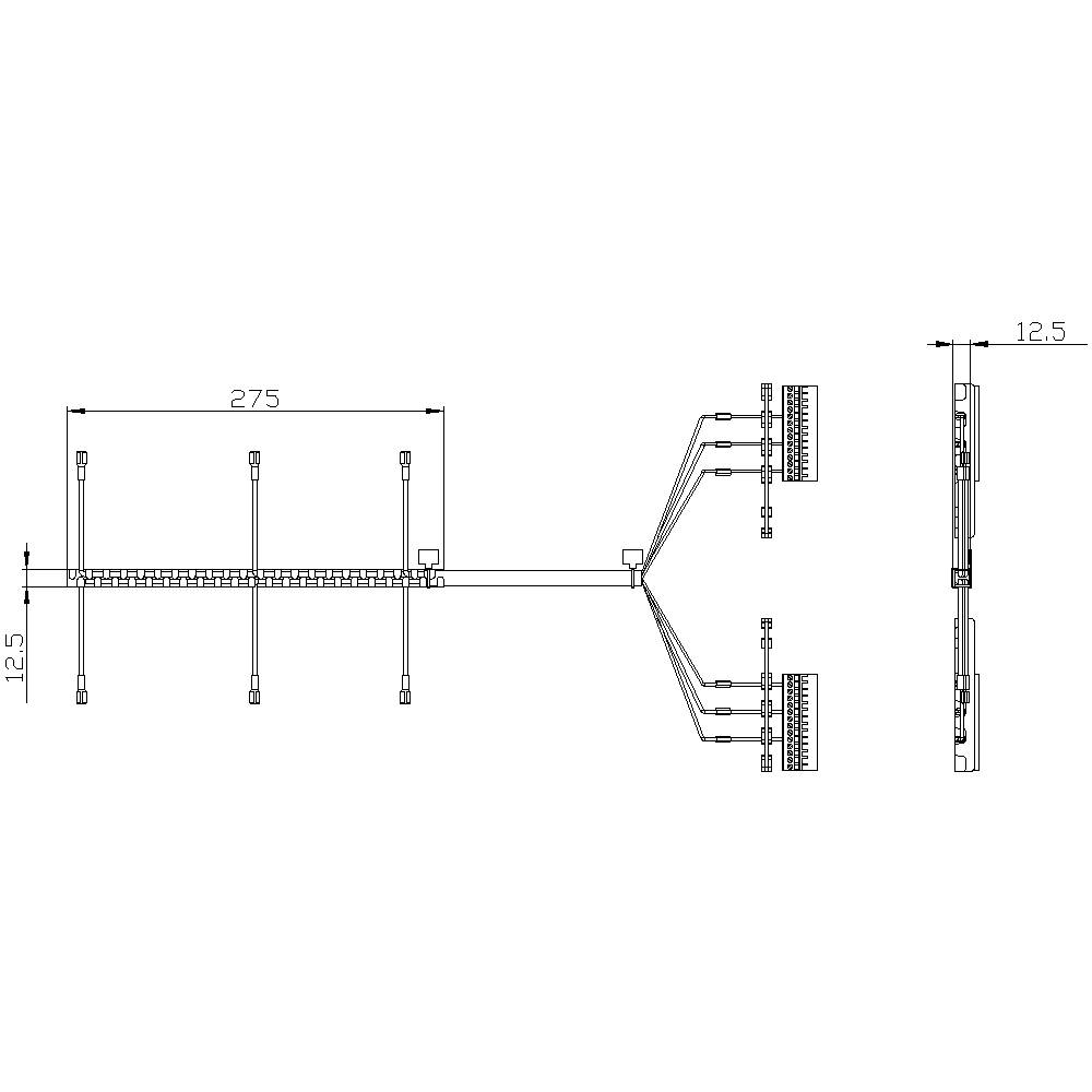 Technische Zeichnung eines Kabelsystems mit Maßen: 275 mm Breite, 12,5 mm Höhe. Zeigt Verteilungskabel, Anschlüsse und Zweigleitungen.