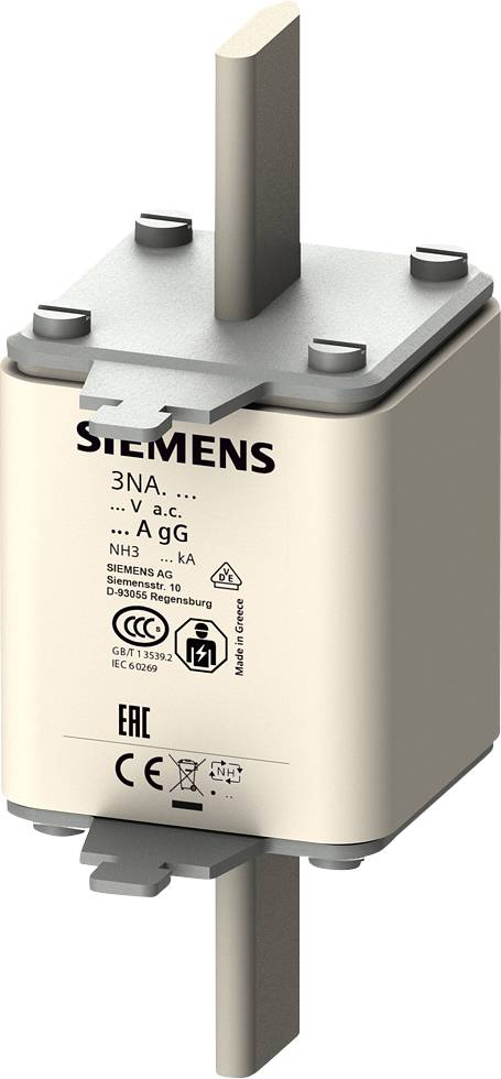 Siemens NH-Sicherungseinsatz 3NA3, 400V AC, 100A, mit CE- und EAC-Kennzeichnung, für Überstromschutz in elektrischen Systemen.