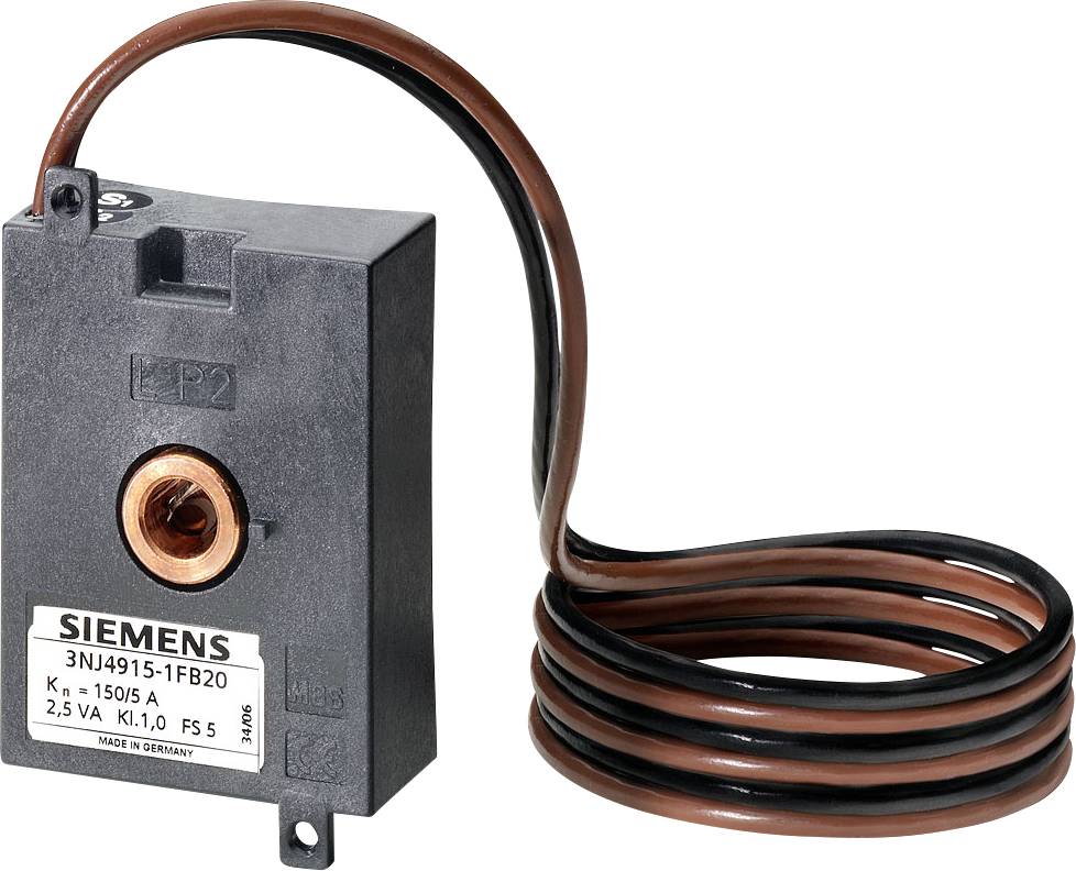 Schwarzer Stromwandler mit braunem, gewundenem Kabel. Etikett zeigt Marke 'Siemens', Modellnummer '3NJ4/915-1FB20' und technische Spezifikationen.