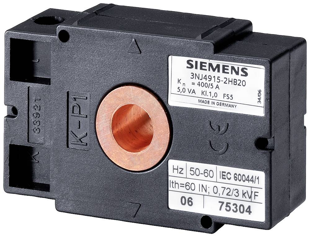 Stromwandler von Siemens, Modell 3NJ4915-2HB20, für 400/5A mit 5,0 VA Leistung, geeignet für 50-60 Hz.