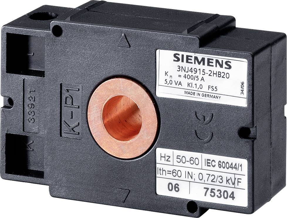 Ein elektrischer Bauteil mit Aufschrift 'Siemens', Typ 3NJ4915-2HB20, ausgelegt für 400/5 A, Frequenz 50-60 Hz, Schutzgrad und Spezifikationen angegeben.