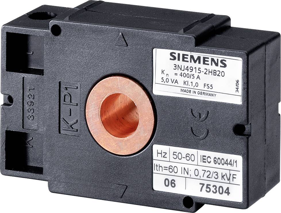 Ein schwarzer Stromwandler von Siemens, Modell 3NJ4915-2HB20, geeignet für 400/5 A, 5 VA, F5S, 50-60 Hz, IEC 60044/1.