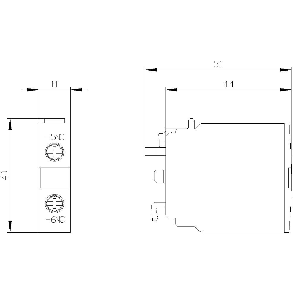 Technische Zeichnung eines zylindrischen elektrischen Bauteils mit Maßen: H 40 mm, B 11 mm, T 51 mm, Anschlussklemmen seitlich.