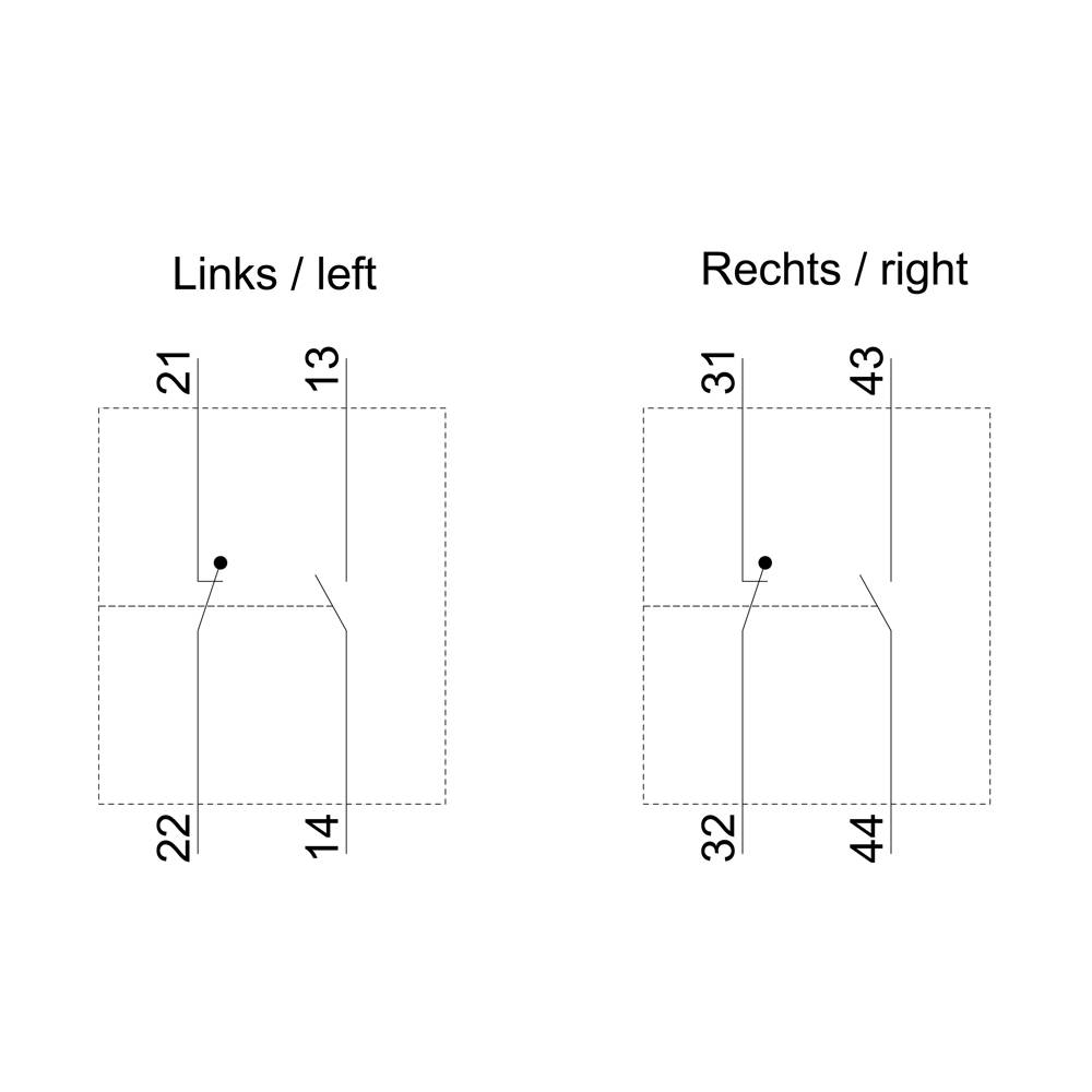 Diagramm zeigt zwei Spalten mit 'Links/left' und 'Rechts/right'. Jede Spalte hat vier nummerierte Felder: Links (21, 22, 13, 14), Rechts (31, 32, 43, 44).
