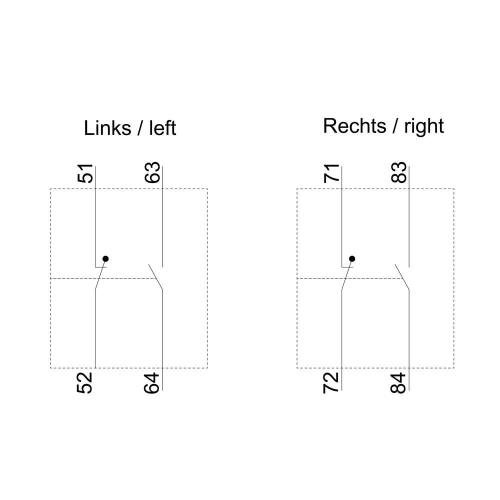 'Links/left': Zahlenreihe von 51 über 52, 63 über 64. 'Rechts/right': Zahlenreihe von 71 über 72, 83 über 84. Diagonale Linien verbinden Punkte.