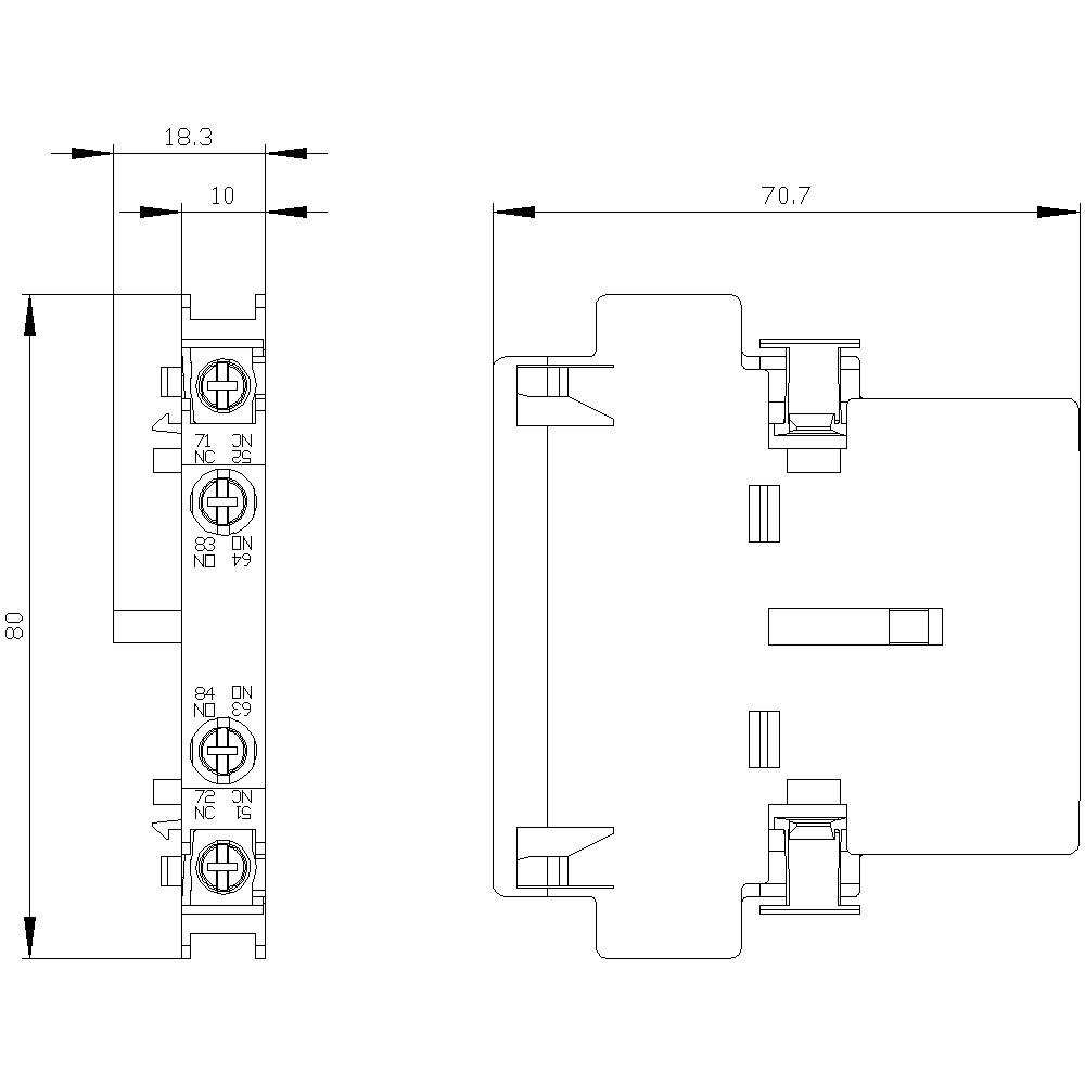 Technische Zeichnung eines Relais-Sockels mit seitlicher und frontaler Ansicht. Maße: Breite 18,3 mm, Höhe 80 mm, Tiefe 70,7 mm.