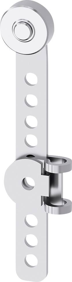 Glänzender, metallischer Schiebemechanismus mit Rillen und Löchern, möglicherweise Teil einer Tür- oder Schrankhängevorrichtung.