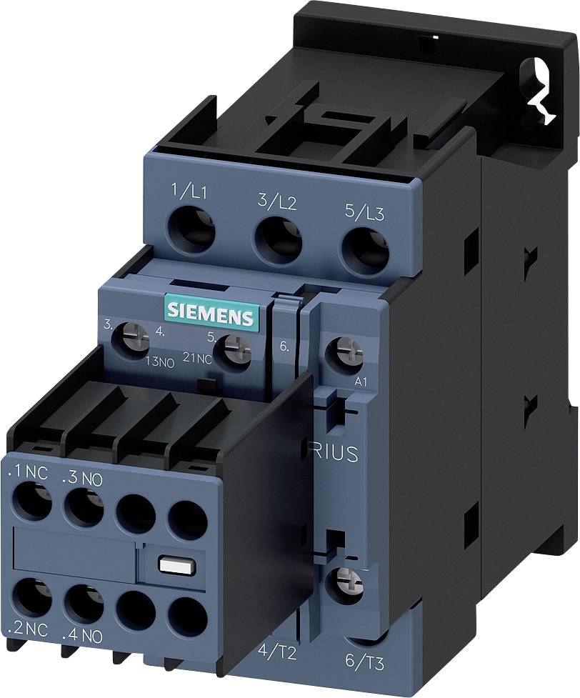 Schütz von Siemens, Modell Sirius. Schwarzes Gehäuse mit blauem Frontteil, gekennzeichnete Anschlüsse für elektrische Steuerungen.