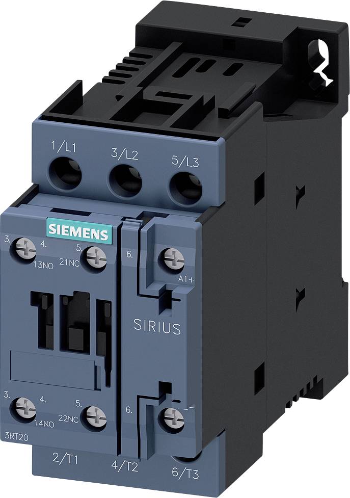 Ein schwarzer und grauer Siemens Schütz für elektrische Steuerungen, erkennbar durch die Markierung 'SIRIUS' auf der Vorderseite.