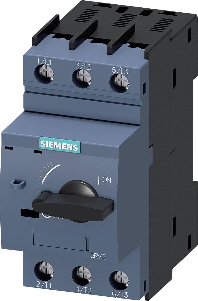 Ein blauer Leistungsschalter von Siemens mit Drehschalter in der Mitte, sechs Klemmen oben und unten. Modellnummer '3RV2'.