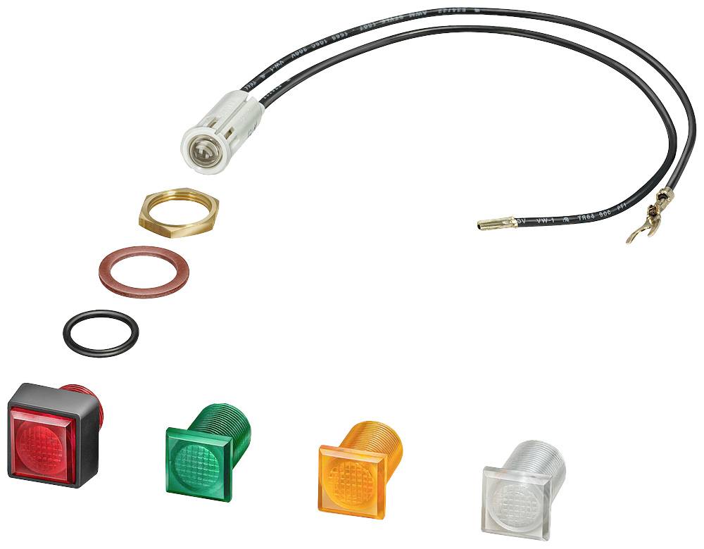 Ein Schalter mit Kabel und vier austauschbaren quadratischen Abdeckungen in Rot, Grün, Orange und Weiß, jeweils mit Schraubringe.
