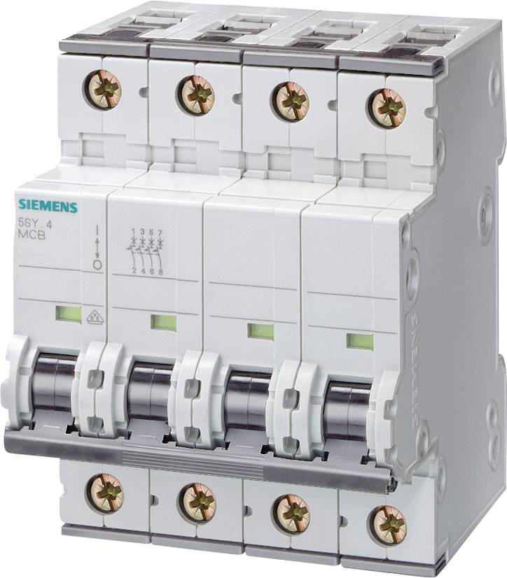 Ein vierpoliger Siemens Miniatur-Leistungsschalter, Modell 5SY4, zeigt Schalter und technische Symbole auf der Vorderseite.