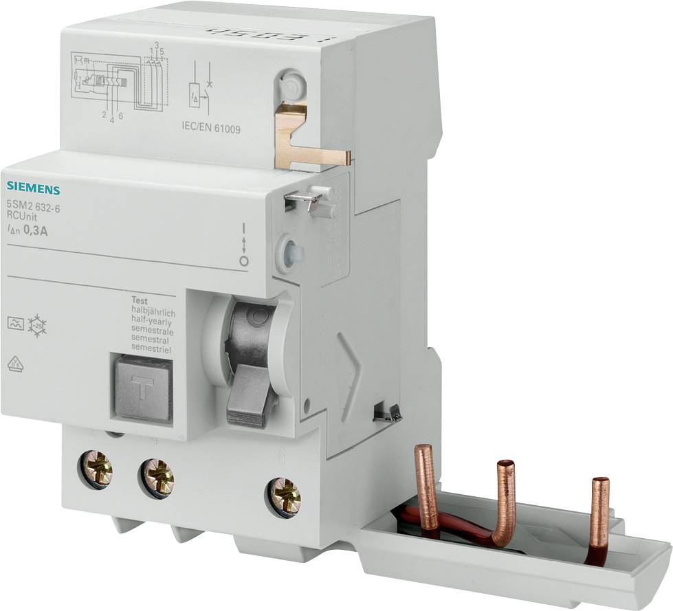 Ein Siemens FI-Schutzschalter mit der Bezeichnung SSM2 632-6 für 0,3 A, geeignet zur Verhinderung von Stromschlägen in elektrischen Anlagen.