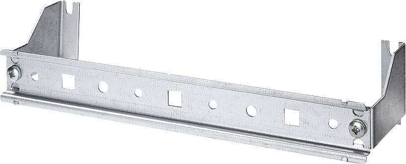 Metallschiene mit verschiedenen Löchern und Befestigungselementen, möglicherweise zur Unterstützung von Regalen oder anderen Strukturen.