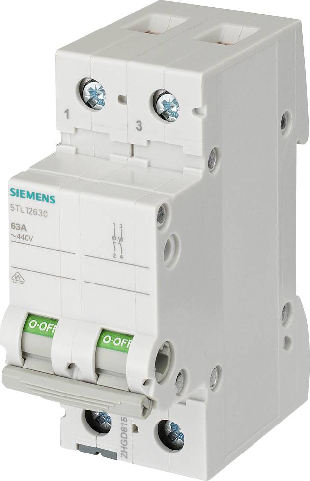 Ein weißer Siemens-Leistungsschalter mit zwei Schaltern und grünen 