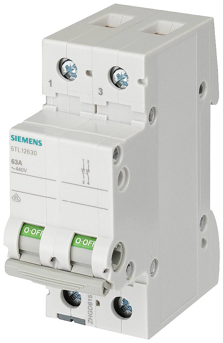 Leistungsschutzschalter mit zwei Schaltern auf '0-FF'. Modell: Siemens 5TL12630, 63A, 440V. Hauptsächlich für Stromsicherheit.