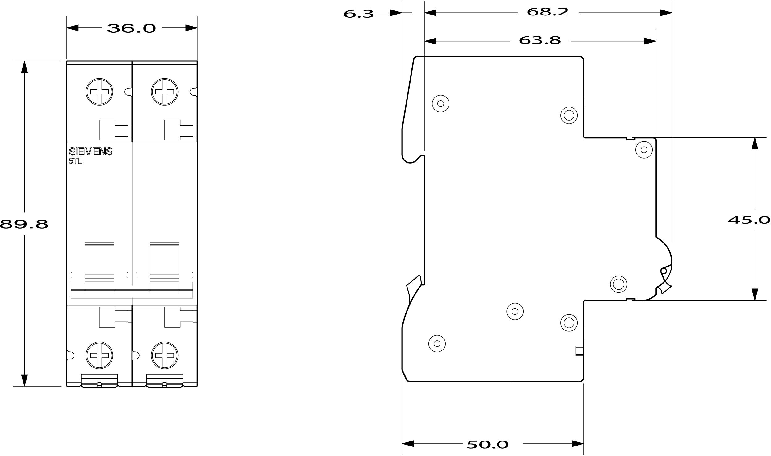 Diagramm eines elektrischen Schalters mit Front- und Seitenansicht. Maße: 36,0 mm Breite, 89,8 mm Höhe, 50,0 mm Tiefe.
