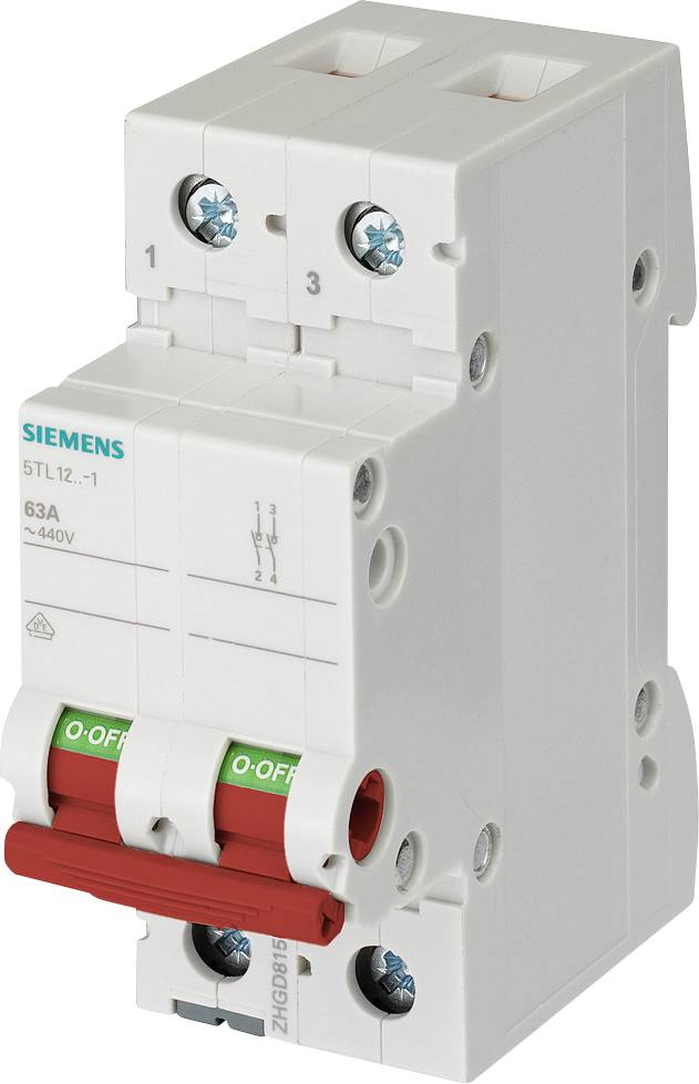 Siemens-Sicherungsautomat mit rotem und grünem Schalter, 63A, 440V. Produktdetails auf der linken Seite abgebildet.