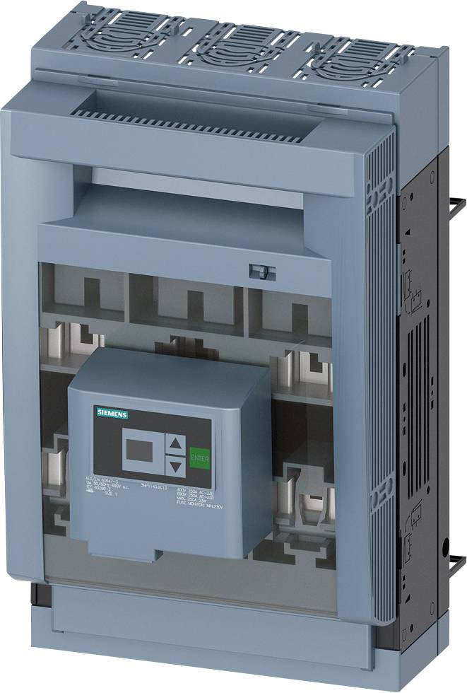 Blauer Siemens-Leistungsschalter in Seitenansicht, rechteckige Form mit digitalem Display, verwendet zur Stromsteuerung.