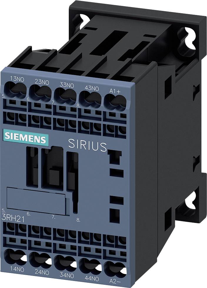 Ein elektrischer Schütz von Siemens, Modell Sirius 3RH21, mit mehreren Anschlussmöglichkeiten und sichtbarer Siemens-Logo.