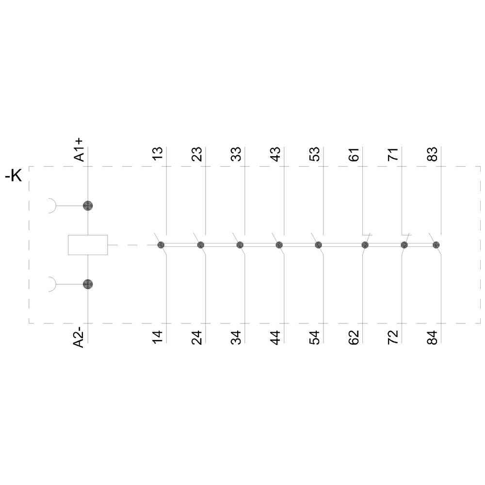 Elektrischer Schaltplan zeigt eine Reihenschaltung mit Anschlüssen A1+, A2- und Kontakten 13-84. Komponenten sind linear verbunden.