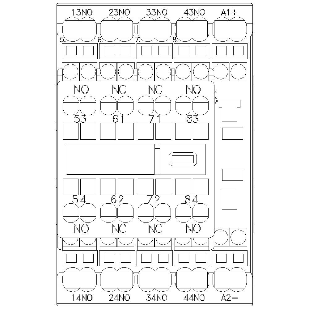 Technisches Diagramm eines elektrischen Schütz-Geräts mit nummerierten Anschlüssen und Kreissymbolen, das Verdrahtungsdetails zeigt.
