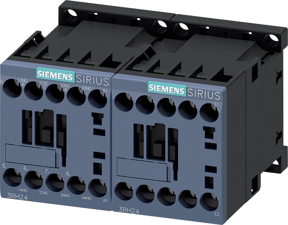 Siemens Sirius Schützeinsätze, Modell 3RH24, mit blauer Front und schwarzen Anschlüssen, montiert auf einer Befestigungsschiene.