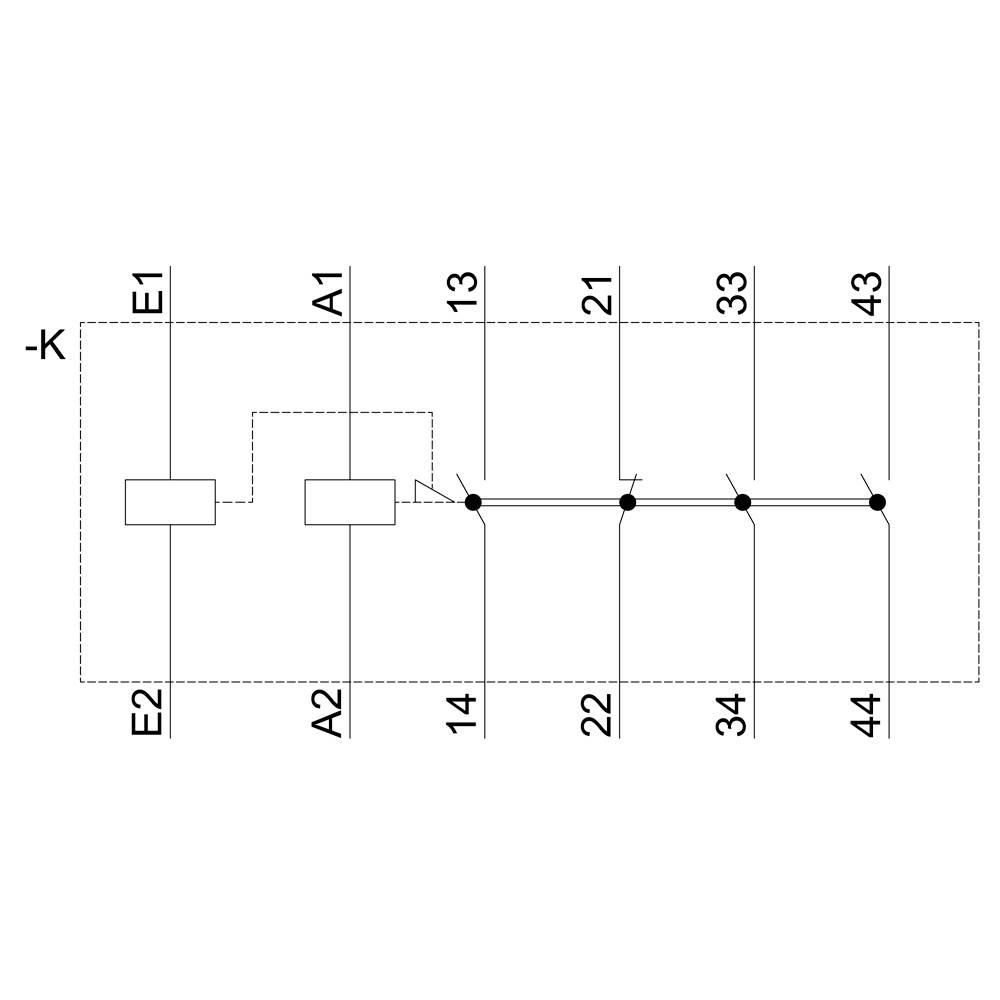Schaltplan eines elektrischen Relais. Links sind Eingänge E1, E2; darüber Relais K. In der Mitte A1, A2, rechts vier Ausgänge 13-14, 21-22, 33-34, 43-44. Linie verbindet 14, 22, 34, 44.