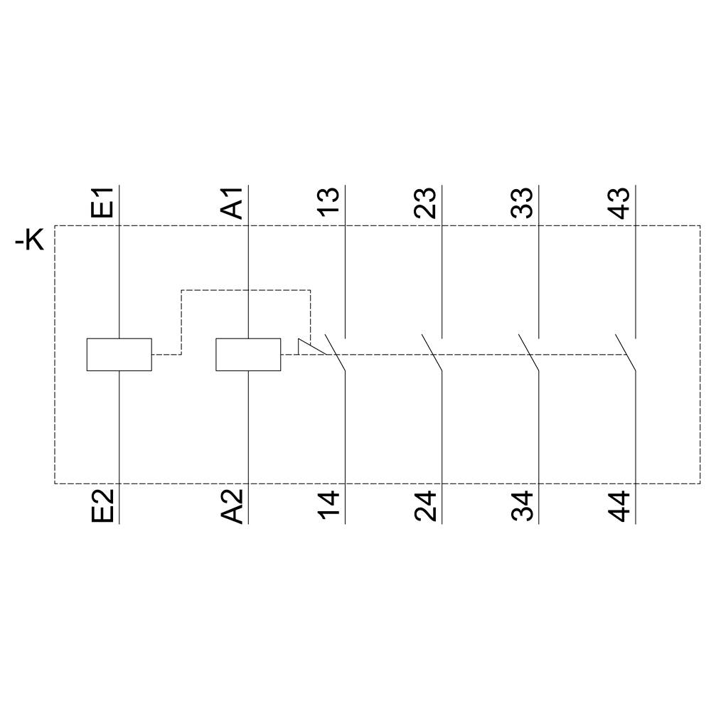 Schaltschema mit Klemmen E1, E2, A1, A2; Zahlen 13, 14, 23, 24, 33, 34, 43, 44; Weg des Stroms durch parallele Strecken.
