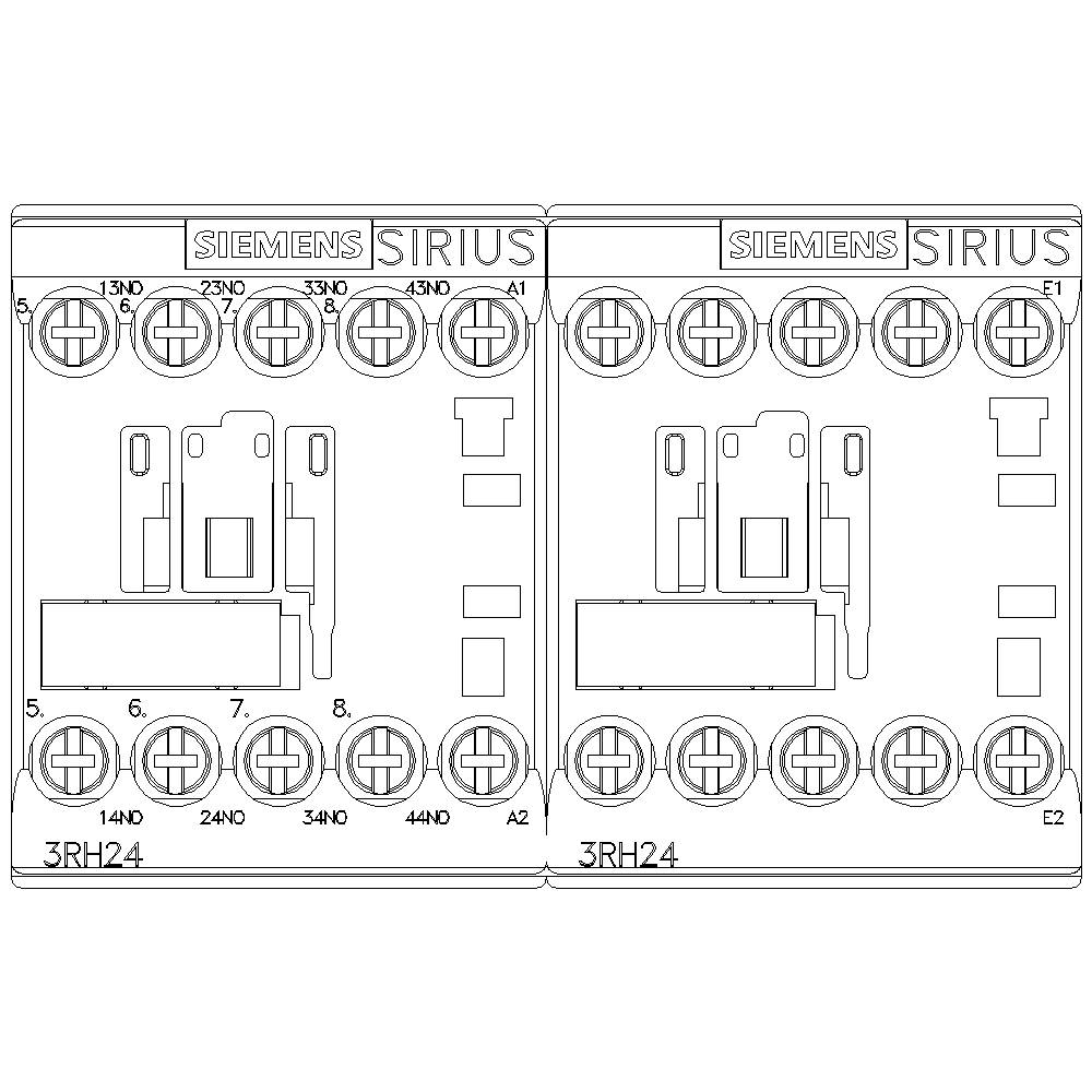 Zwei identische Siemens SIRIUS Relais, Modell 3RH24, mit nummerierten Kontakten.