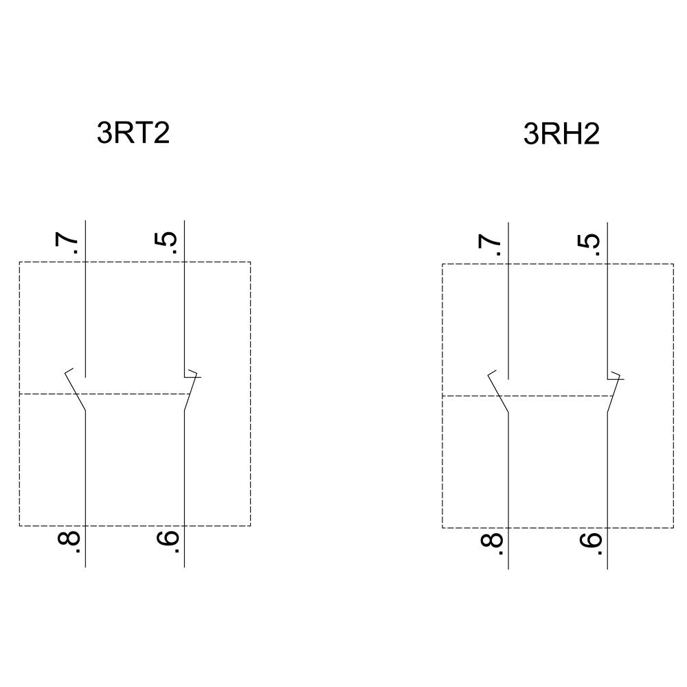 Zwei Schaltpläne, beschriftet '3RT2' und '3RH2', mit Maßen 7, 5, 8, 9 an den Kanten. Linien unterscheiden Bauteile.