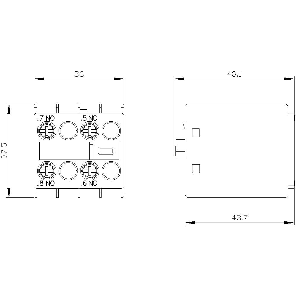 Technische Zeichnung eines Relais mit Abmessungen: Breite 36 mm, Höhe 37,5 mm, Tiefe 48,1 mm. Anschlüsse mit Beschriftungen.