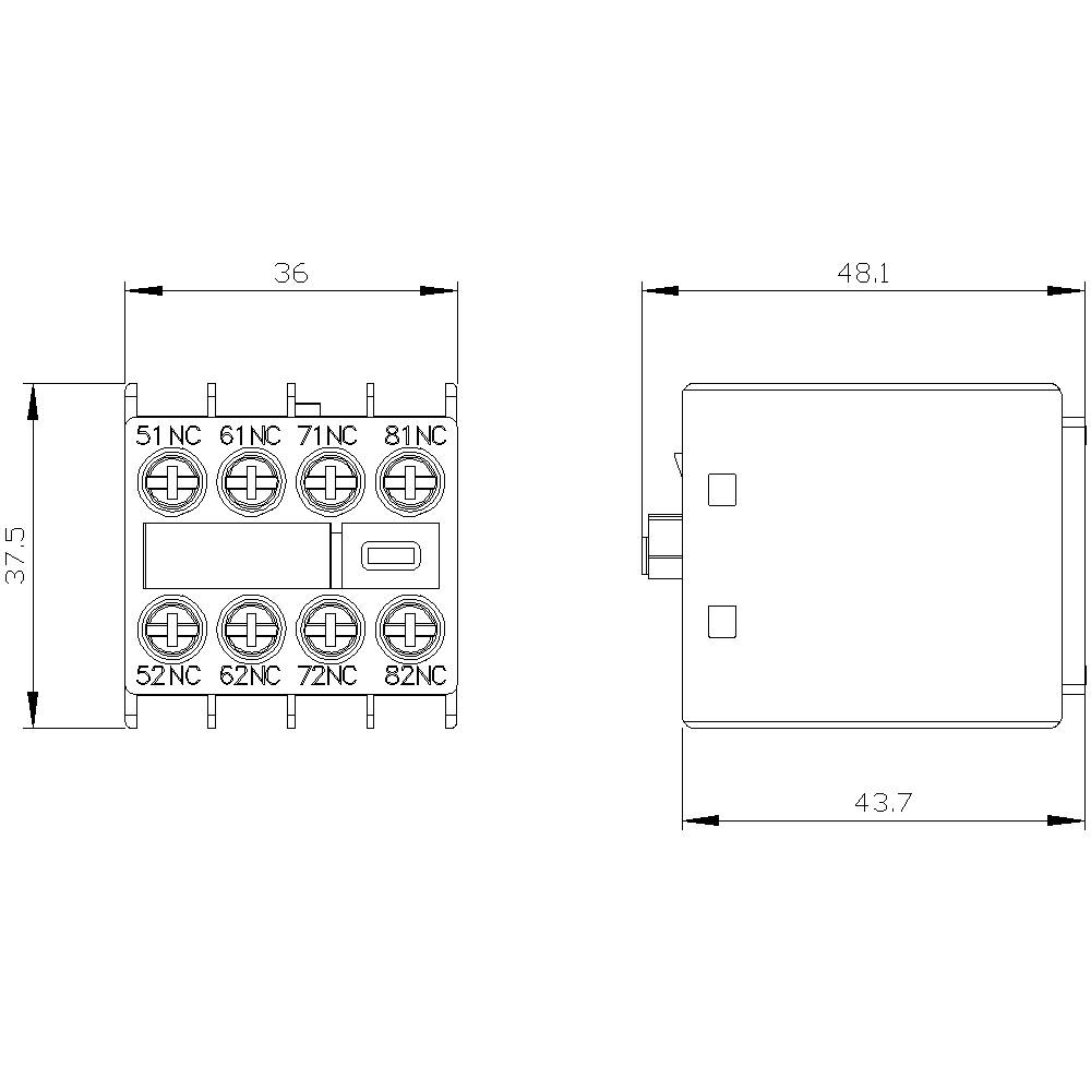 Technische Zeichnung eines elektronischen Relais mit Abmessungen: Breite 36 mm, Tiefe 43,7 mm, Höhe 37,5 mm. Zeigt Anschluss- und Montagedetails.