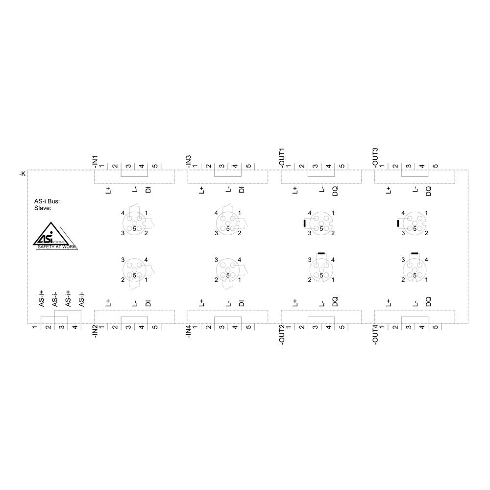 'AS-i Box: Slave'-Diagramm zeigt 8 Ports mit Pinbelegungen; verwendet für industrielle Netzwerke. Oben und unten beschriftet.