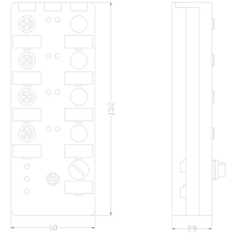 Technische Zeichnung eines rechteckigen Steckverteilers mit Maßen: Breite 60 mm, Höhe 152 mm, Tiefe 29 mm, zeigt Anschlüsse und Seitenansicht.